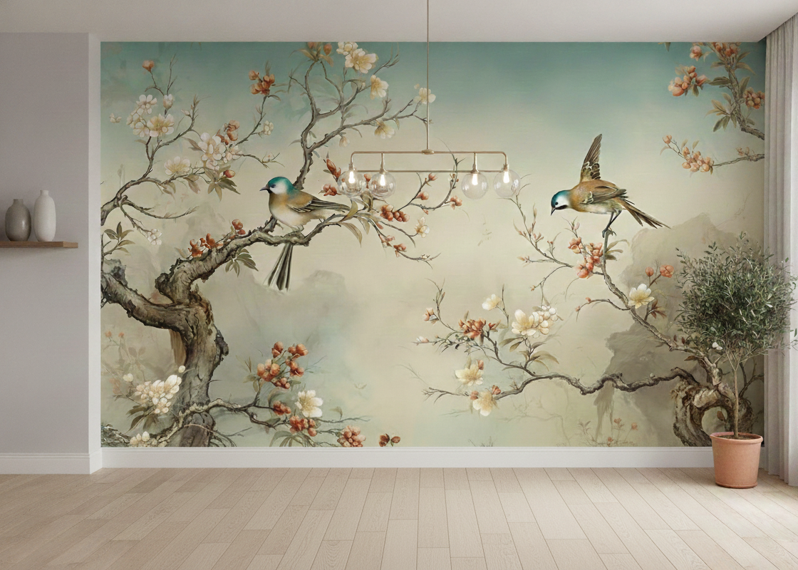 Serene Moment of Tranquil Birds Nestled Among Blossoming Branches