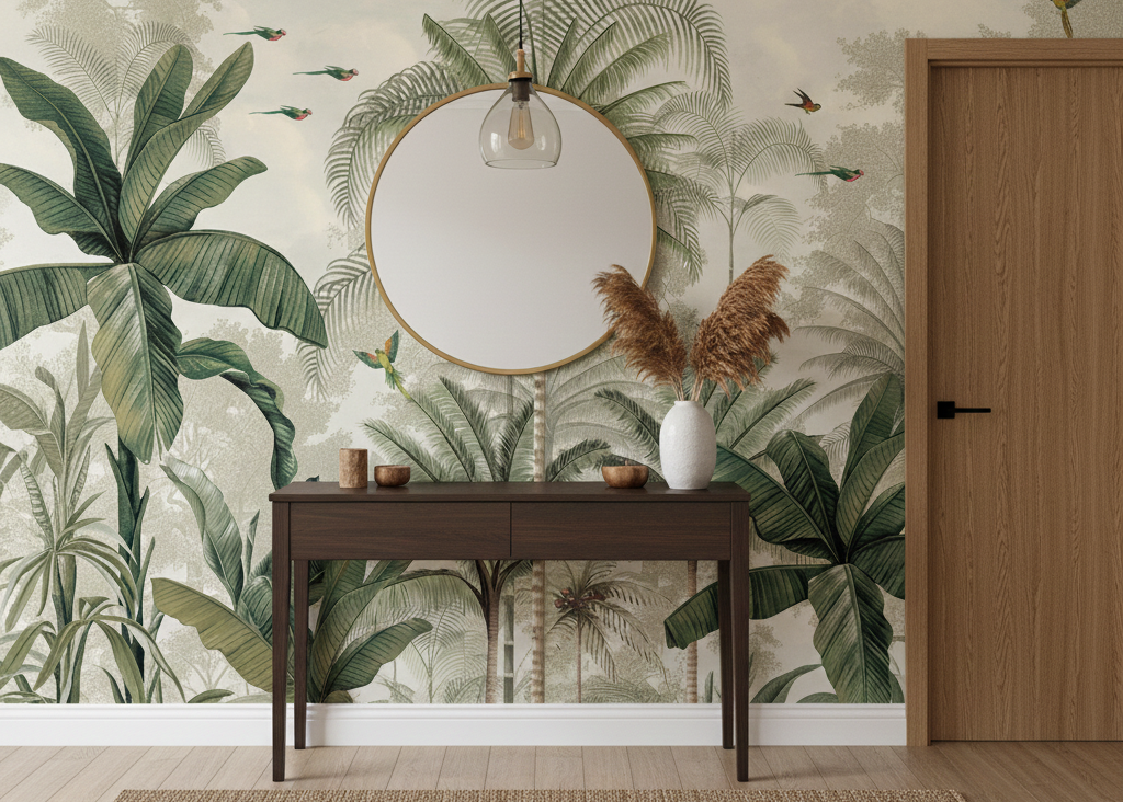 Elegant Tropical Forest Wallpaper with Lush Palms and Vibrant Birds