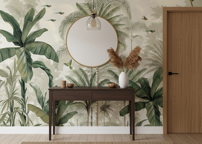 Elegant Tropical Forest Wallpaper with Lush Palms and Vibrant Birds