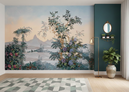 Tropical Landscape Mural with Vibrant Flora and Mountain Backdrop