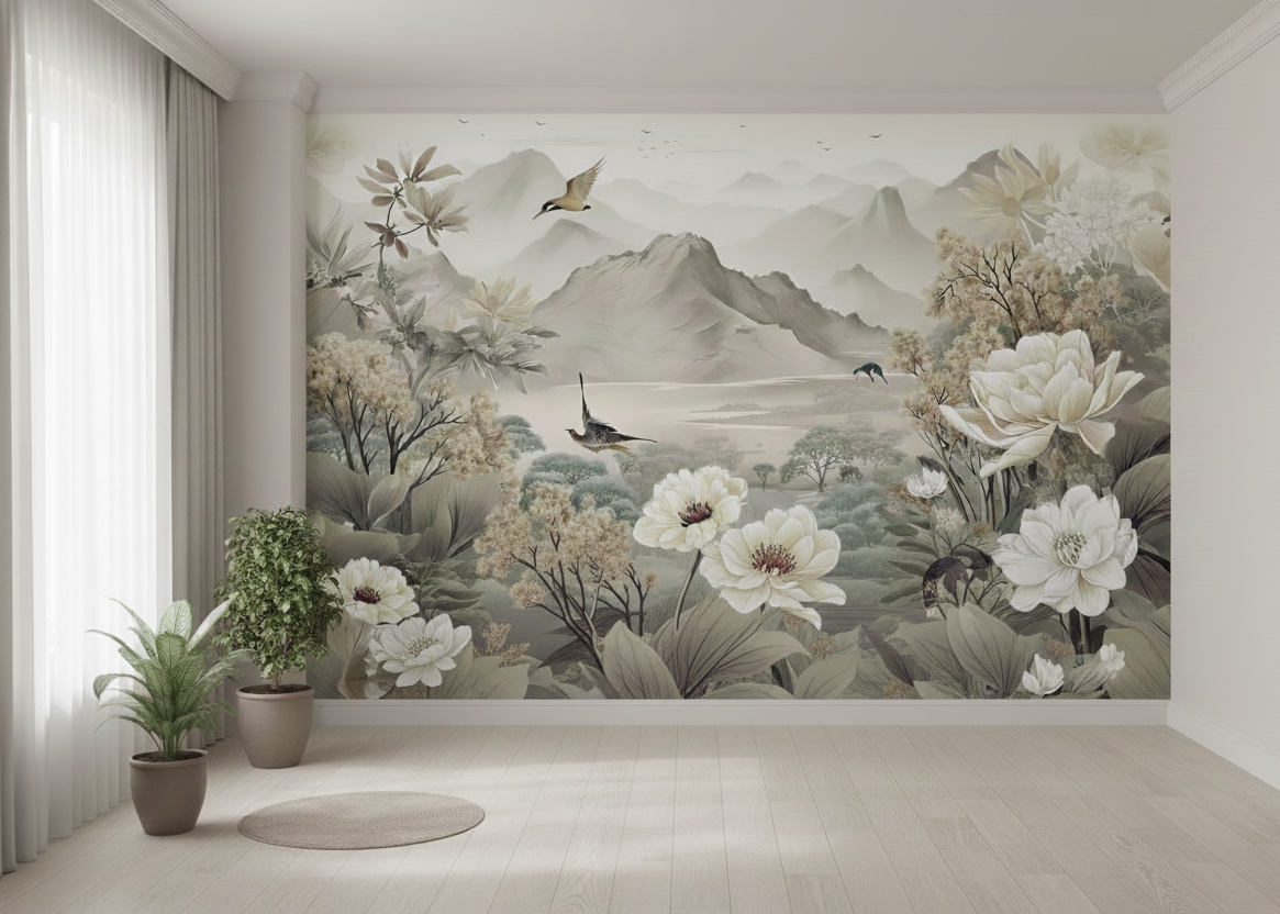 Serene Mountain Garden with Birds and Blossoms