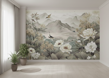 Serene Mountain Garden with Birds and Blossoms