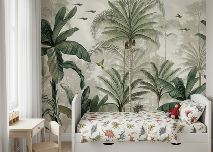 Elegant Tropical Forest Wallpaper with Lush Palms and Vibrant Birds