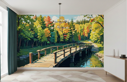 Autumn Crossing: A Sunlit Wooden Bridge Through a Tranquil Forest in Fall