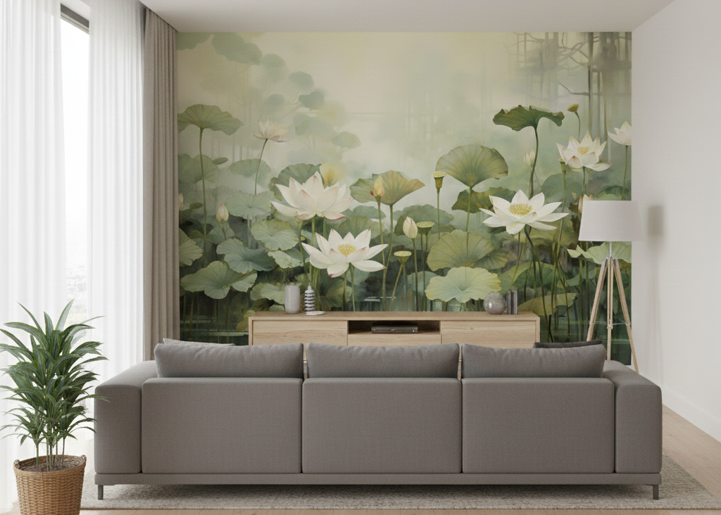 Tropical Lotus Lake Mural – Hand-Painted Water Garden Scene