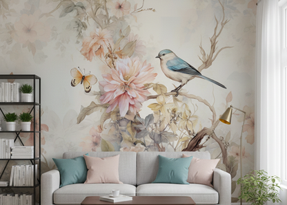 Whispering Blooms with Songbird and Butterfly