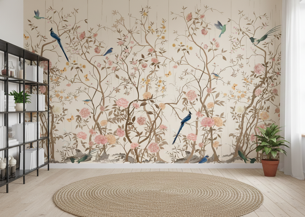 Elegant Chinoiserie Blossom Mural with Birds
