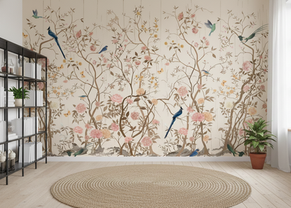 Elegant Chinoiserie Blossom Mural with Birds
