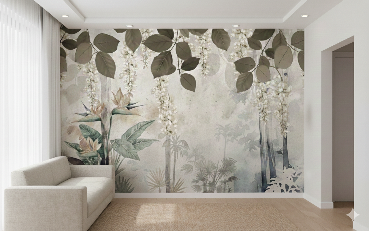 Elegant Tropical Foliage: A Serene Watercolor Landscape