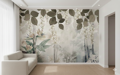 Elegant Tropical Foliage: A Serene Watercolor Landscape