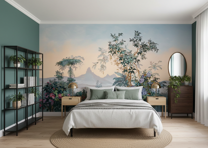 Tropical Landscape Mural with Vibrant Flora and Mountain Backdrop