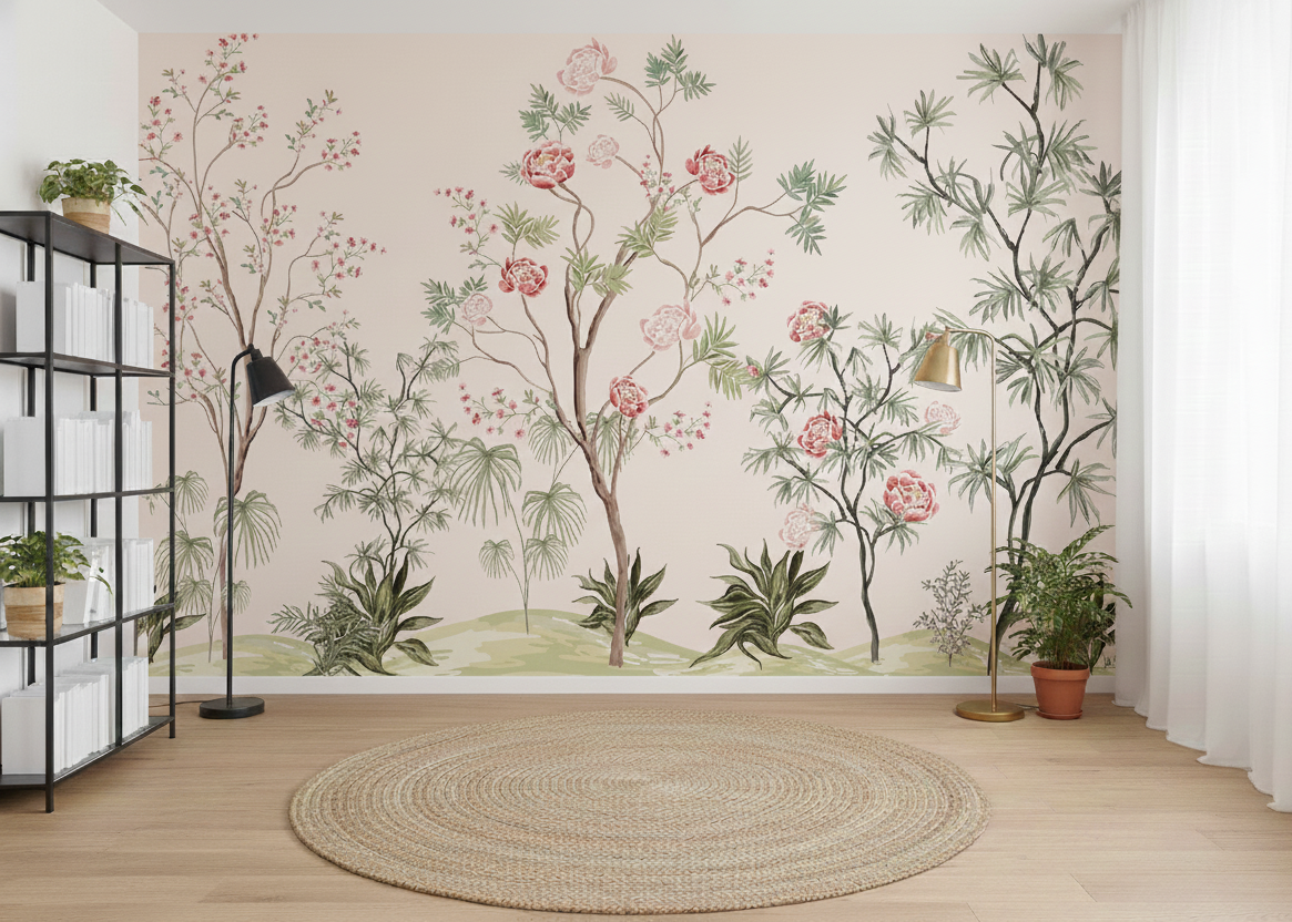 Chinoiserie Floral Tree Mural in Soft Blush Tones