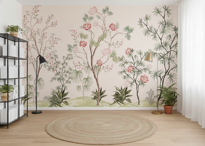 Chinoiserie Floral Tree Mural in Soft Blush Tones