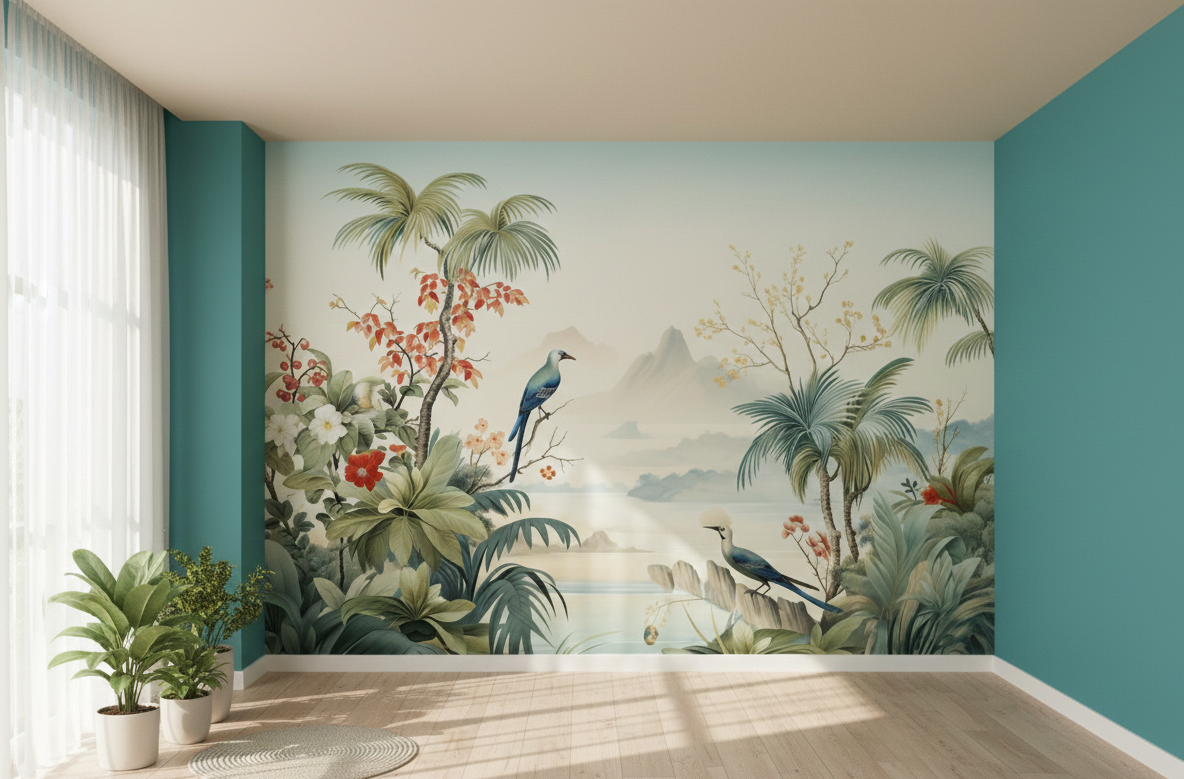 Tropical Birds and Lush Garden Landscape