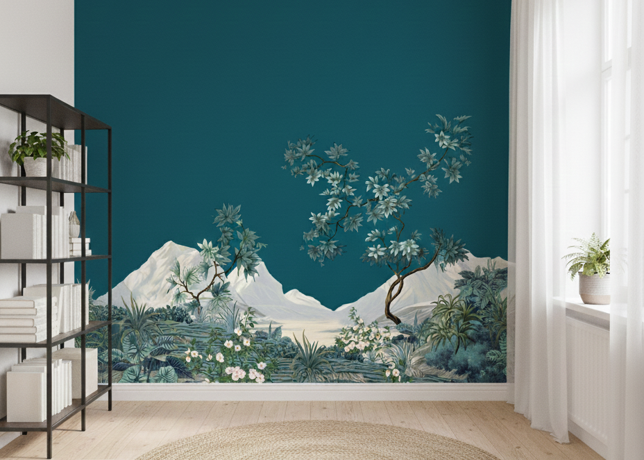 Midnight Teal Botanical Landscape with Alpine Peaks