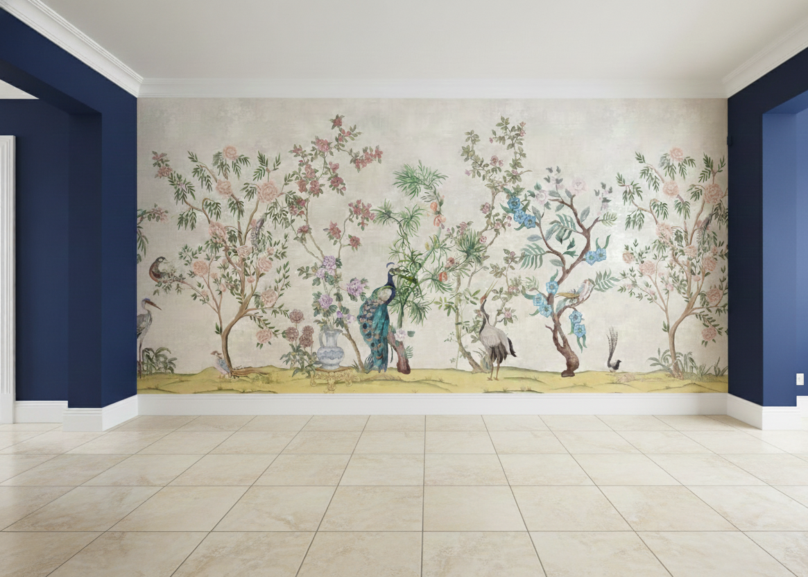 Elegant Chinoiserie Garden Mural with Blooming Trees