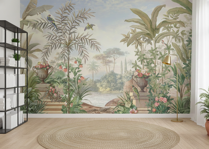 Tropical Garden Mural with Parrots and Floral Urns