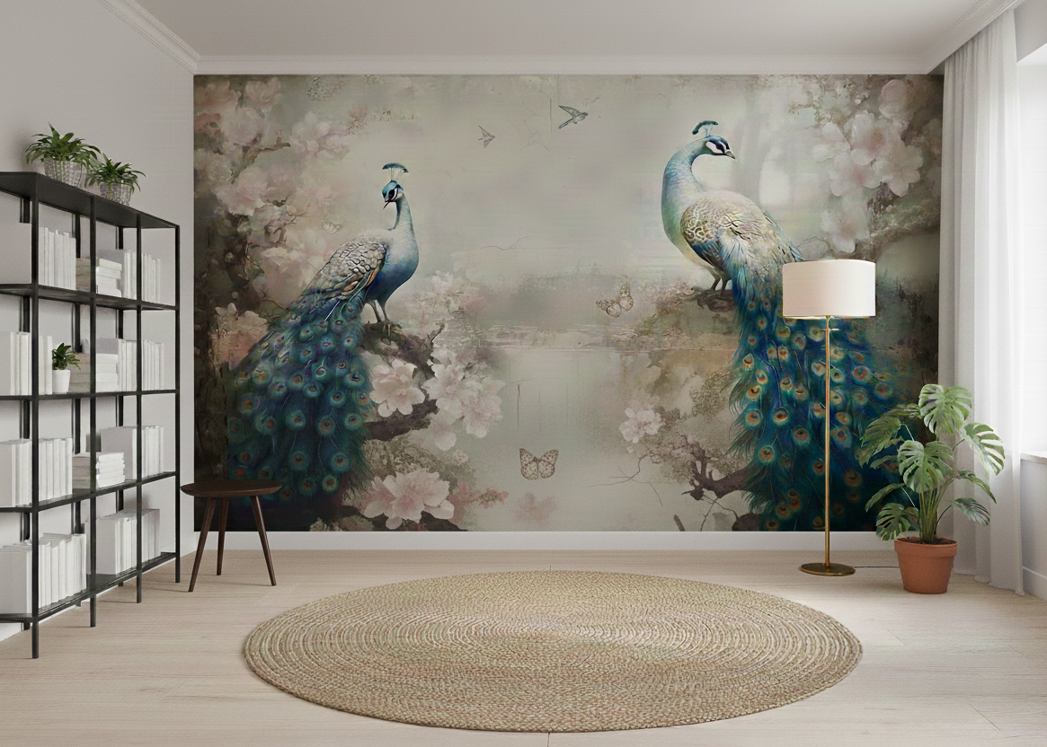 Graceful Dance of Elegant Peacocks Amid Soft Blossoms