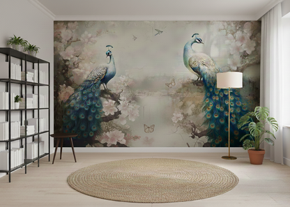 Graceful Dance of Elegant Peacocks Amid Soft Blossoms