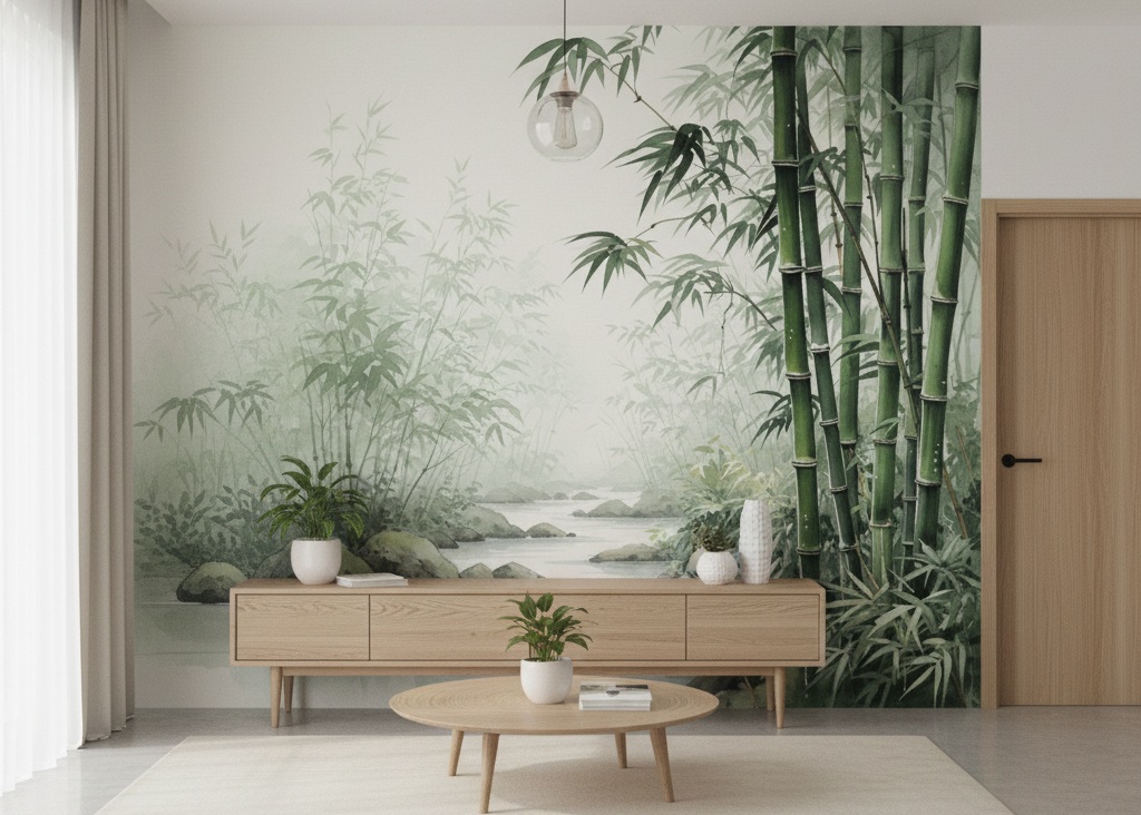 Serene Bamboo Forest Wall Mural for a Calm and Modern Living Space