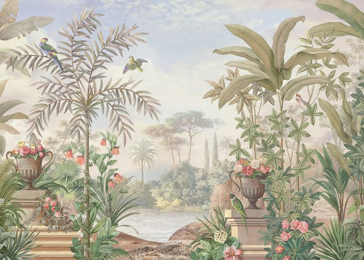 Tropical Garden Mural with Parrots and Floral Urns