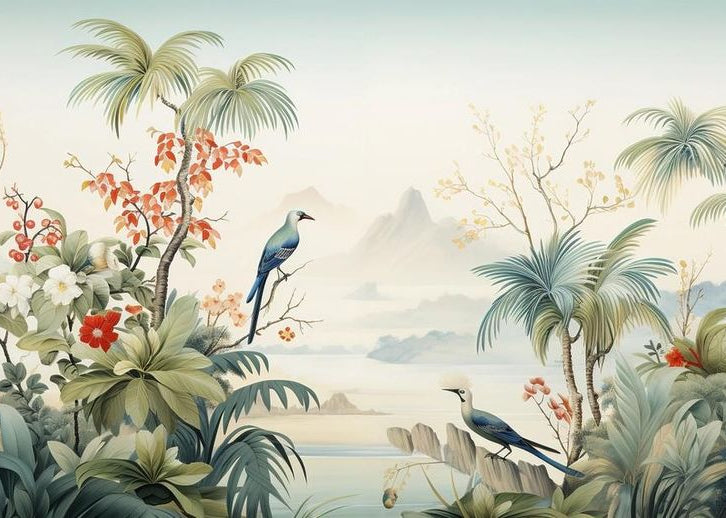 Tropical Birds and Lush Garden Landscape