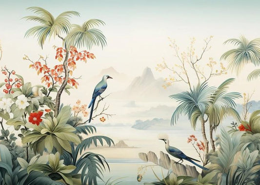 Tropical Birds and Lush Garden Landscape