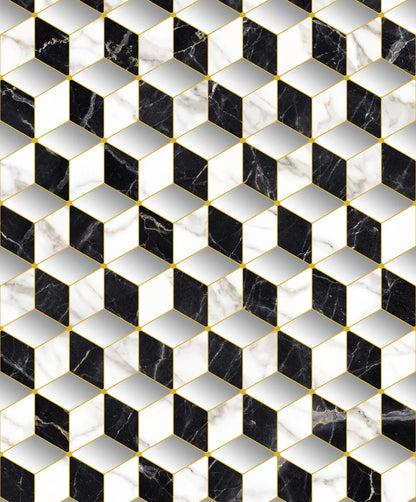 Geometric pattern of black, white, and gold tiles.