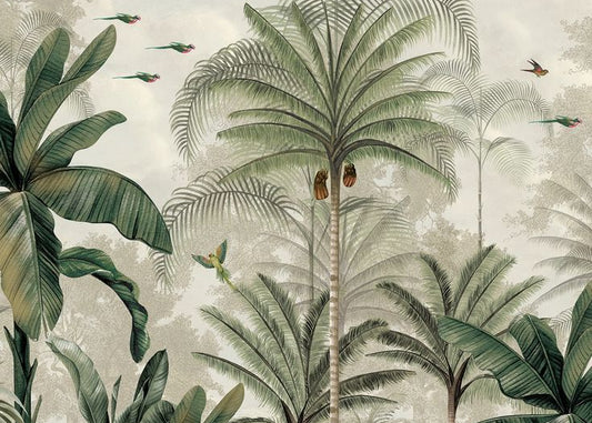 Elegant Tropical Forest Wallpaper with Lush Palms and Vibrant Birds