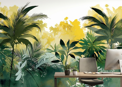 Sunlit Tropical Forest Illustration with Layered Palm Trees