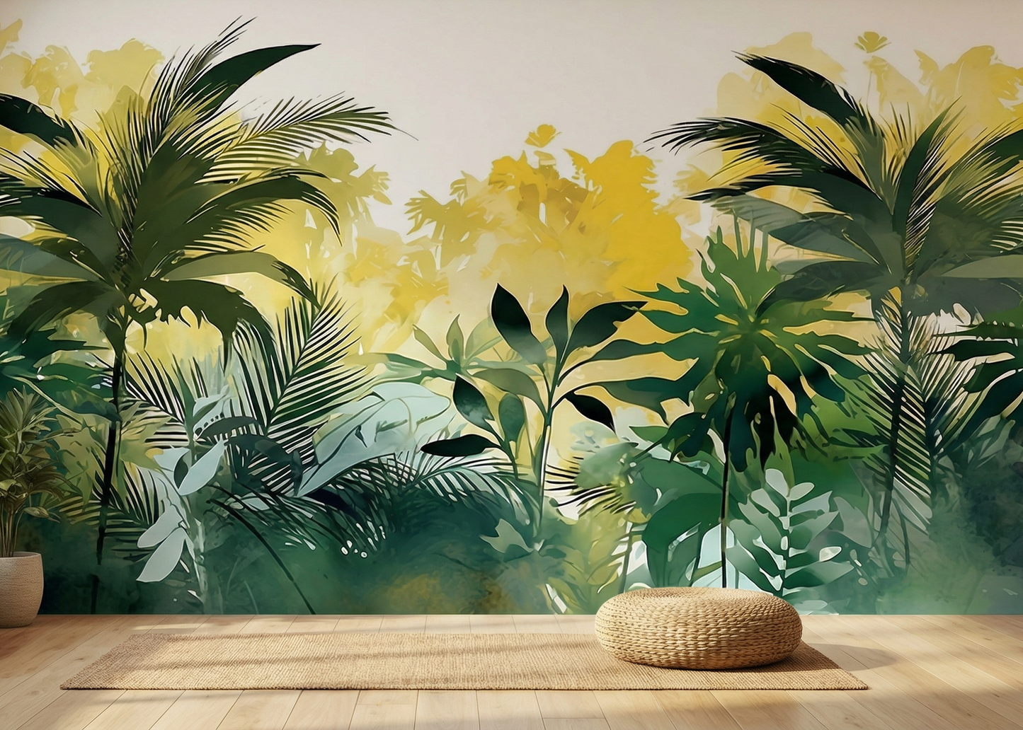Sunlit Tropical Forest Illustration with Layered Palm Trees