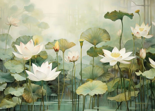 Tropical Lotus Lake Mural – Hand-Painted Water Garden Scene