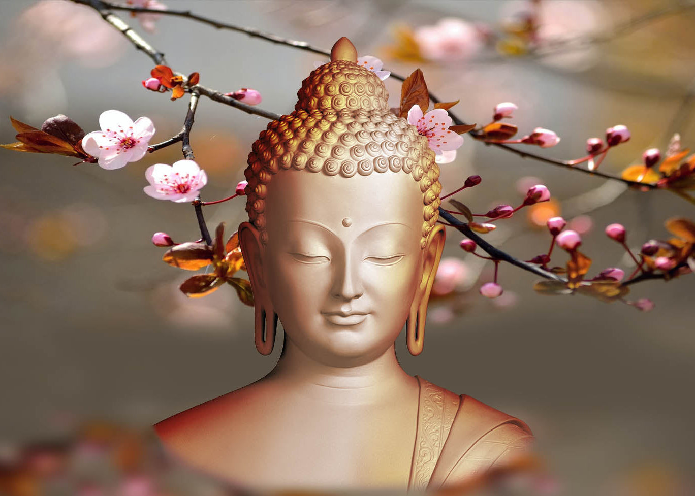 Tranquil Buddha Sculpture: Blossoming Cherry Flowers
