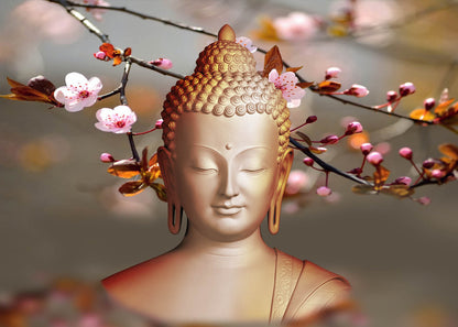 Tranquil Buddha Sculpture: Blossoming Cherry Flowers