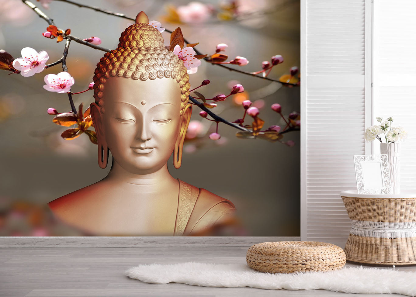 Tranquil Buddha Sculpture: Blossoming Cherry Flowers