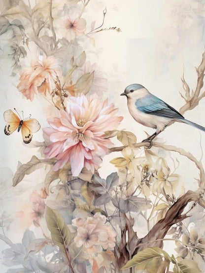 Whispering Blooms with Songbird and Butterfly