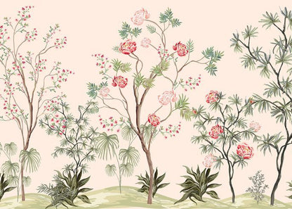 Chinoiserie Floral Tree Mural in Soft Blush Tones