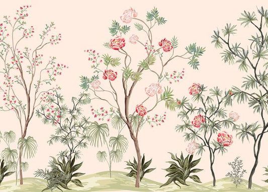 Chinoiserie Floral Tree Mural in Soft Blush Tones