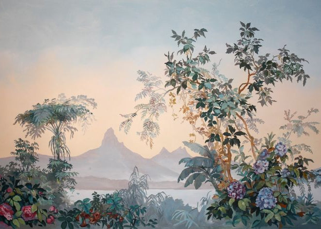 Tropical Landscape Mural with Vibrant Flora and Mountain Backdrop