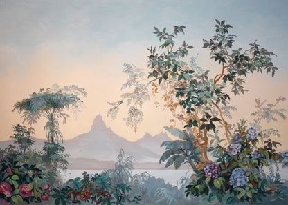 Tropical Landscape Mural with Vibrant Flora and Mountain Backdrop