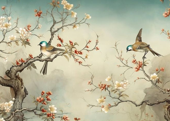 Serene Moment of Tranquil Birds Nestled Among Blossoming Branches
