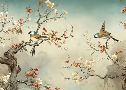 Serene Moment of Tranquil Birds Nestled Among Blossoming Branches