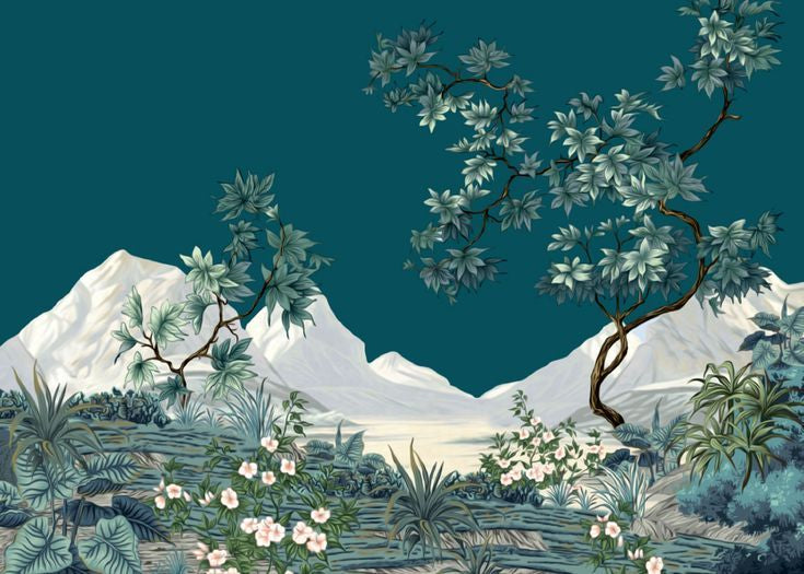 Midnight Teal Botanical Landscape with Alpine Peaks