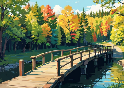 Autumn Crossing: A Sunlit Wooden Bridge Through a Tranquil Forest in Fall
