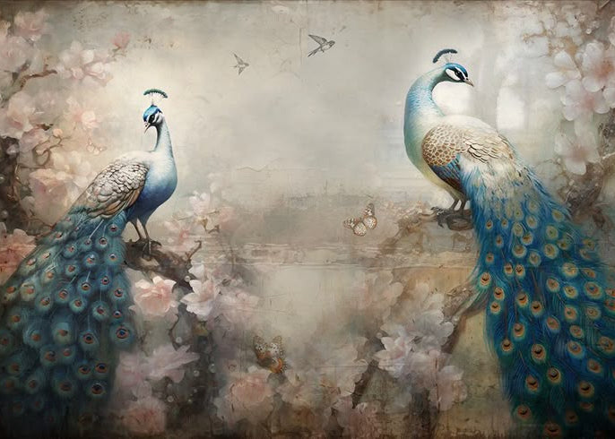 Graceful Dance of Elegant Peacocks Amid Soft Blossoms
