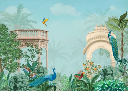 Enchanted Tropical Garden with Majestic Birds and Elegant Architecture Mural