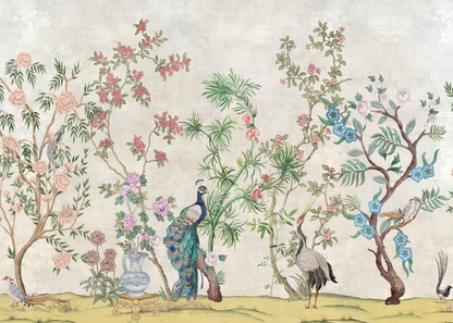 Elegant Chinoiserie Garden Mural with Blooming Trees