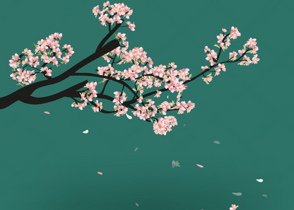 Minimalist Cherry Blossom Branch with Falling Petals on Teal Background